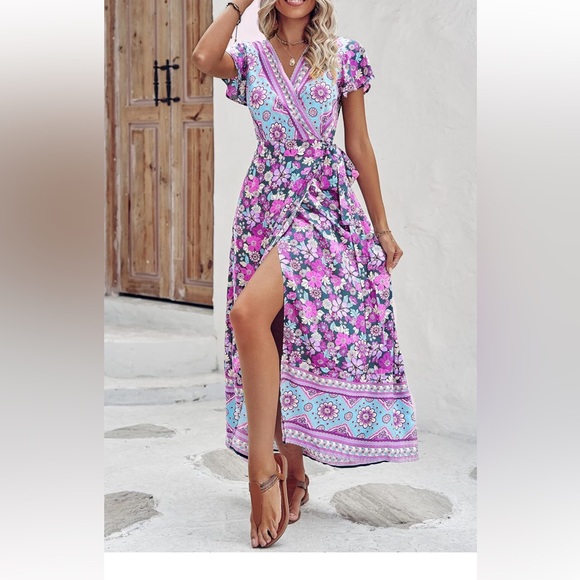 Boho front high split v-neck maxi dress floral purple Large  12/14 - Picture 7 of 9